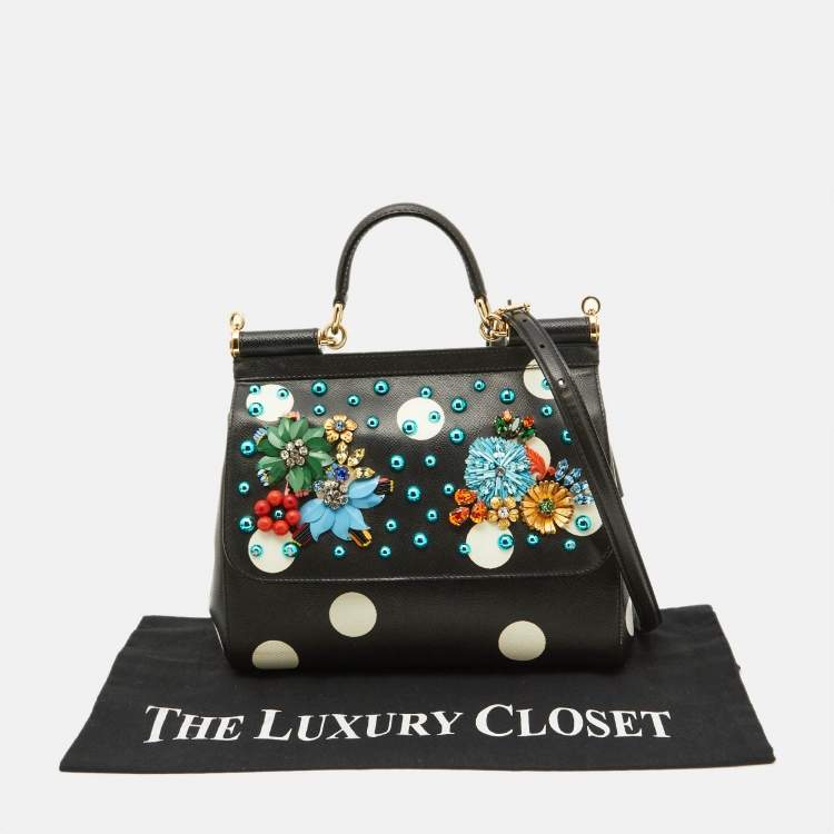 Pre Owned Dolce & Gabbana Black/White Polka Dot Leather Medium Crystal Embellished Miss Sicily Top Handle Bag