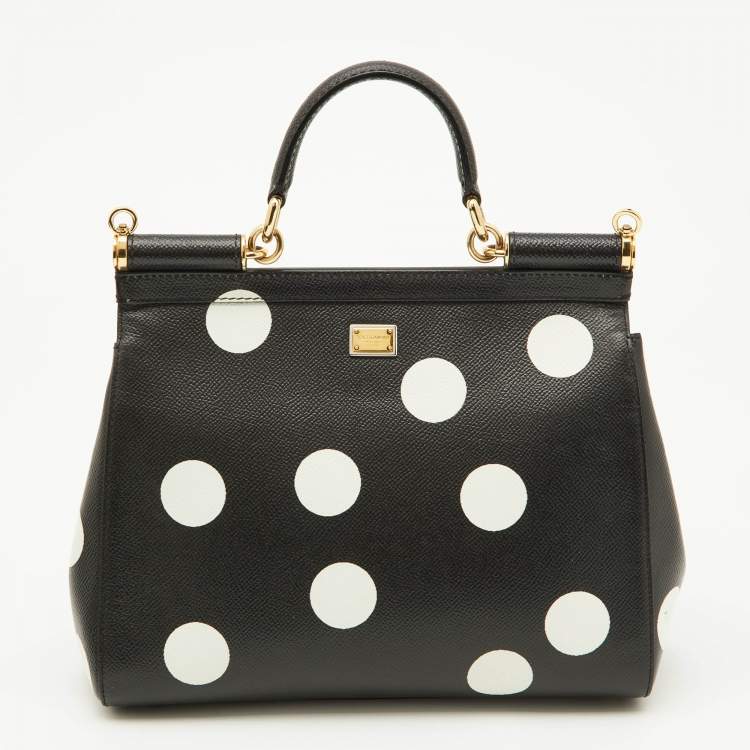 Pre Owned Dolce & Gabbana Black/White Polka Dot Leather Medium Crystal Embellished Miss Sicily Top Handle Bag