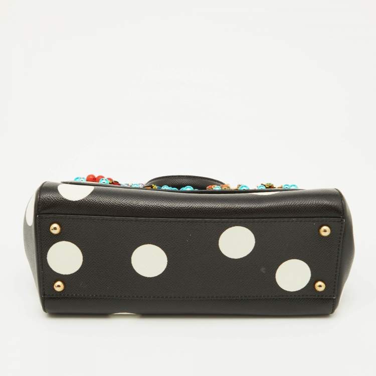 Pre Owned Dolce & Gabbana Black/White Polka Dot Leather Medium Crystal Embellished Miss Sicily Top Handle Bag
