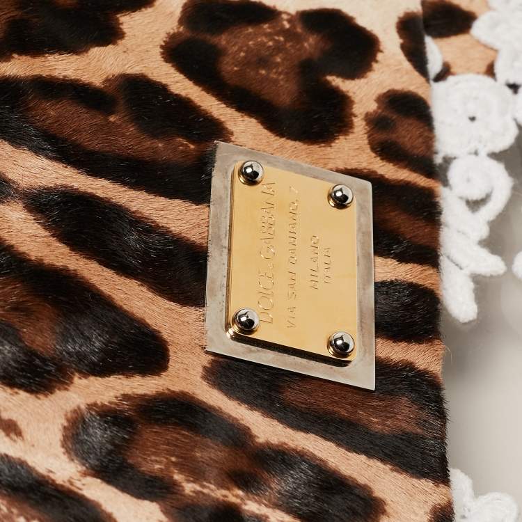 Pre Owned Dolce & Gabbana Beige/Brown Leopard Print Calf hair and Lace PVC Large Miss Sicily Top Handle Bag