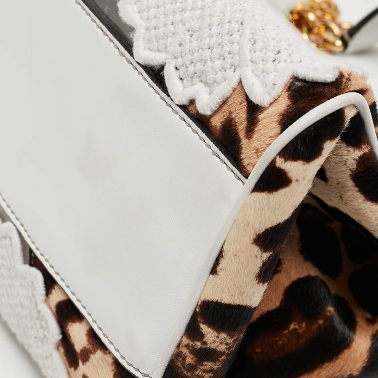 Pre Owned Dolce & Gabbana Beige/Brown Leopard Print Calf hair and Lace PVC Large Miss Sicily Top Handle Bag