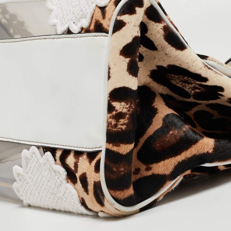 Pre Owned Dolce & Gabbana Beige/Brown Leopard Print Calf hair and Lace PVC Large Miss Sicily Top Handle Bag