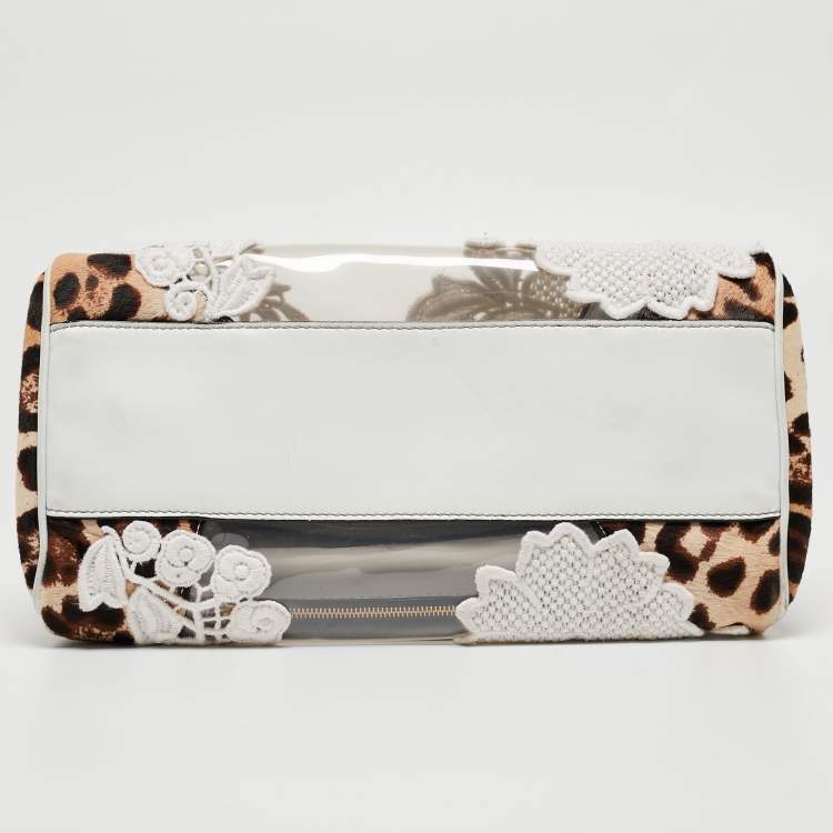 Pre Owned Dolce & Gabbana Beige/Brown Leopard Print Calf hair and Lace PVC Large Miss Sicily Top Handle Bag