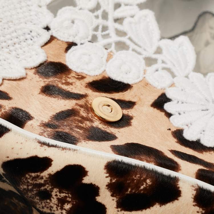 Pre Owned Dolce & Gabbana Beige/Brown Leopard Print Calf hair and Lace PVC Large Miss Sicily Top Handle Bag
