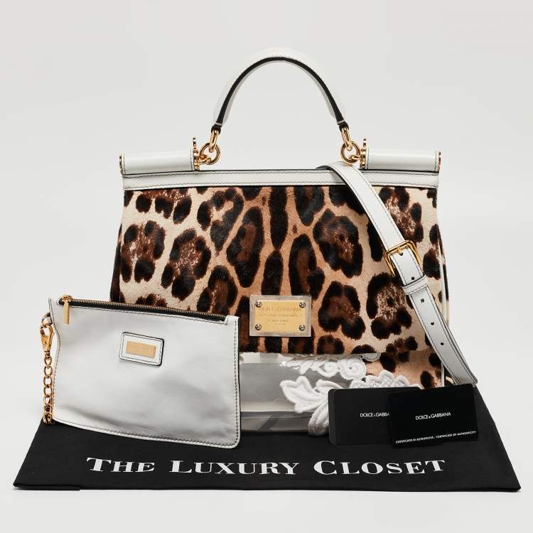 Pre Owned Dolce & Gabbana Beige/Brown Leopard Print Calf hair and Lace PVC Large Miss Sicily Top Handle Bag