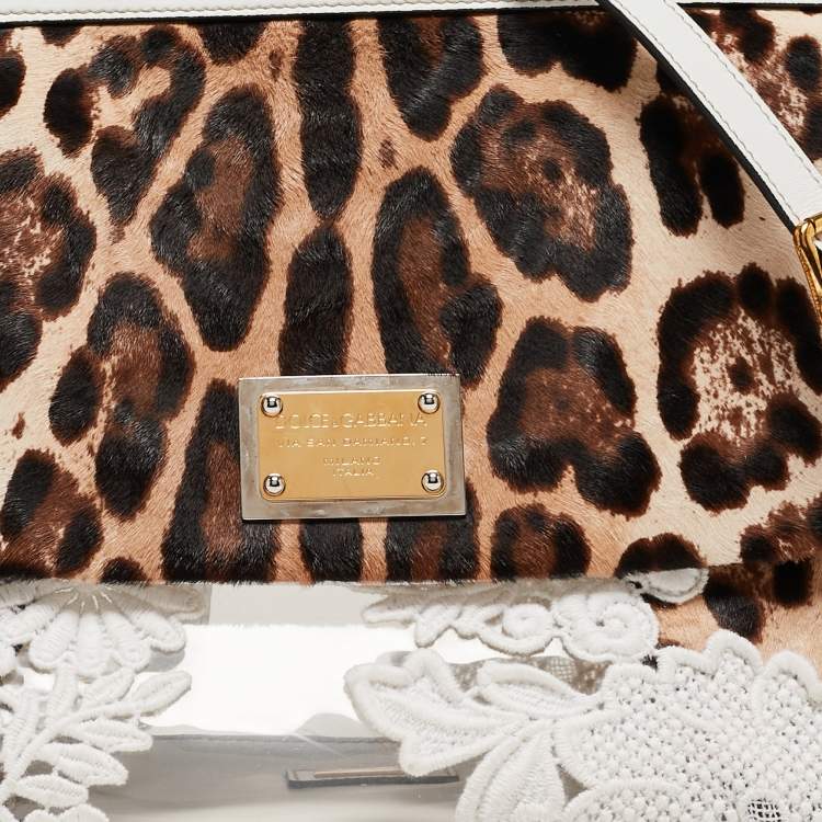 Pre Owned Dolce & Gabbana Beige/Brown Leopard Print Calf hair and Lace PVC Large Miss Sicily Top Handle Bag
