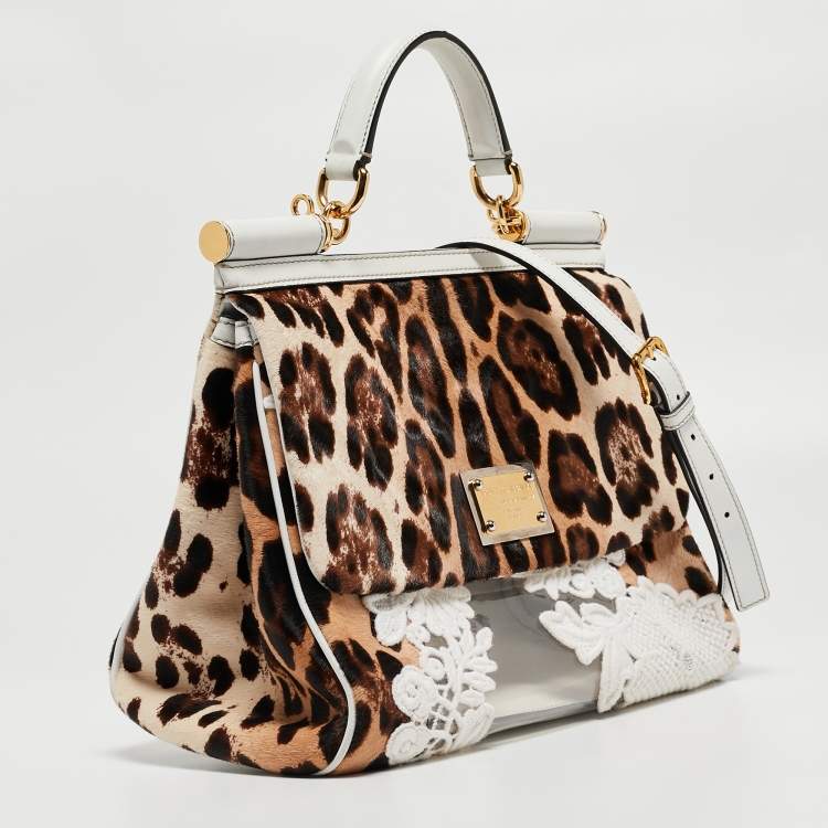 Pre Owned Dolce & Gabbana Beige/Brown Leopard Print Calf hair and Lace PVC Large Miss Sicily Top Handle Bag