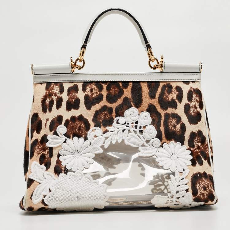 Pre Owned Dolce & Gabbana Beige/Brown Leopard Print Calf hair and Lace PVC Large Miss Sicily Top Handle Bag