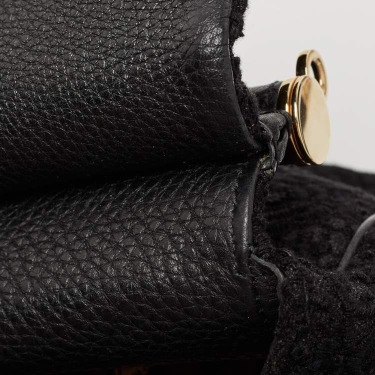 Pre Owned Dolce & Gabbana Black Crochet and Leather Large Miss Sicily Top Handle Bag