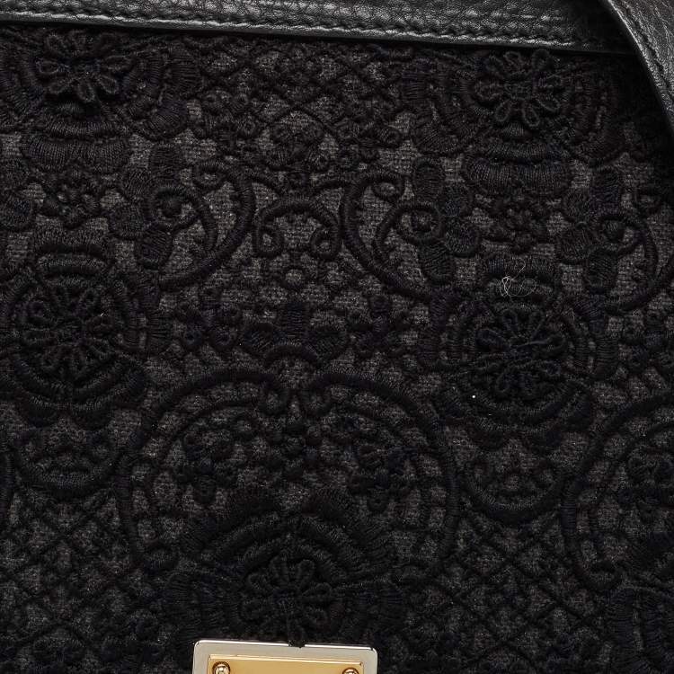 Pre Owned Dolce & Gabbana Black Crochet and Leather Large Miss Sicily Top Handle Bag