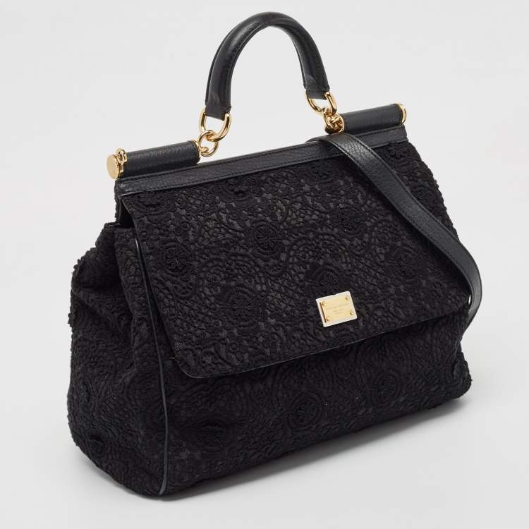 Pre Owned Dolce & Gabbana Black Crochet and Leather Large Miss Sicily Top Handle Bag