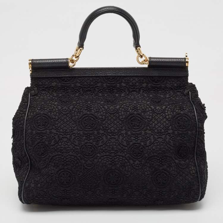 Pre Owned Dolce & Gabbana Black Crochet and Leather Large Miss Sicily Top Handle Bag