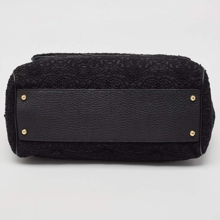 Pre Owned Dolce & Gabbana Black Crochet and Leather Large Miss Sicily Top Handle Bag