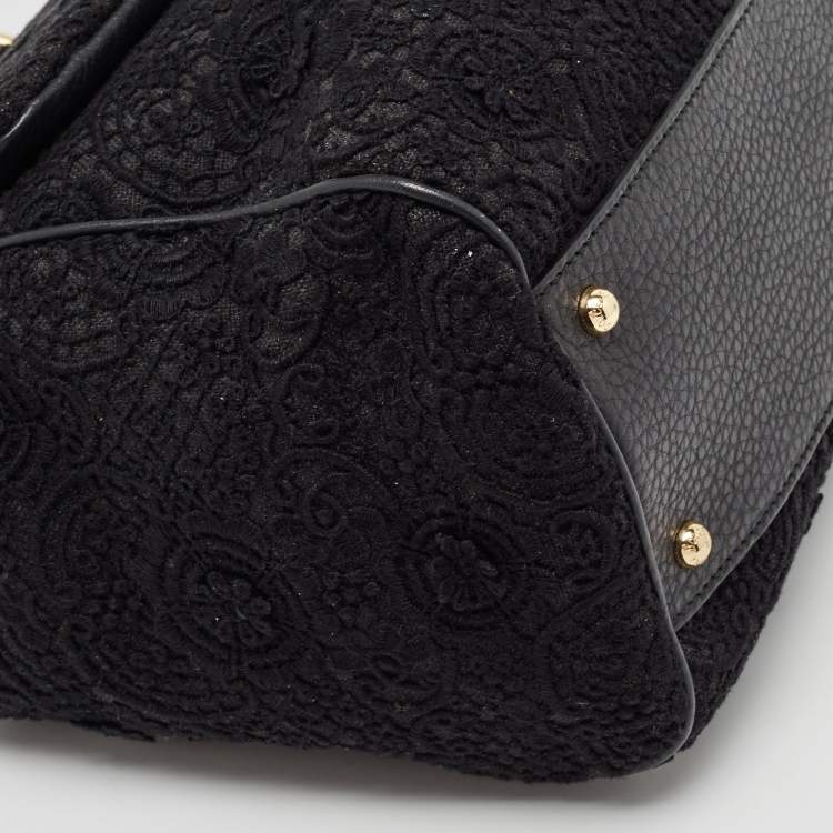 Pre Owned Dolce & Gabbana Black Crochet and Leather Large Miss Sicily Top Handle Bag