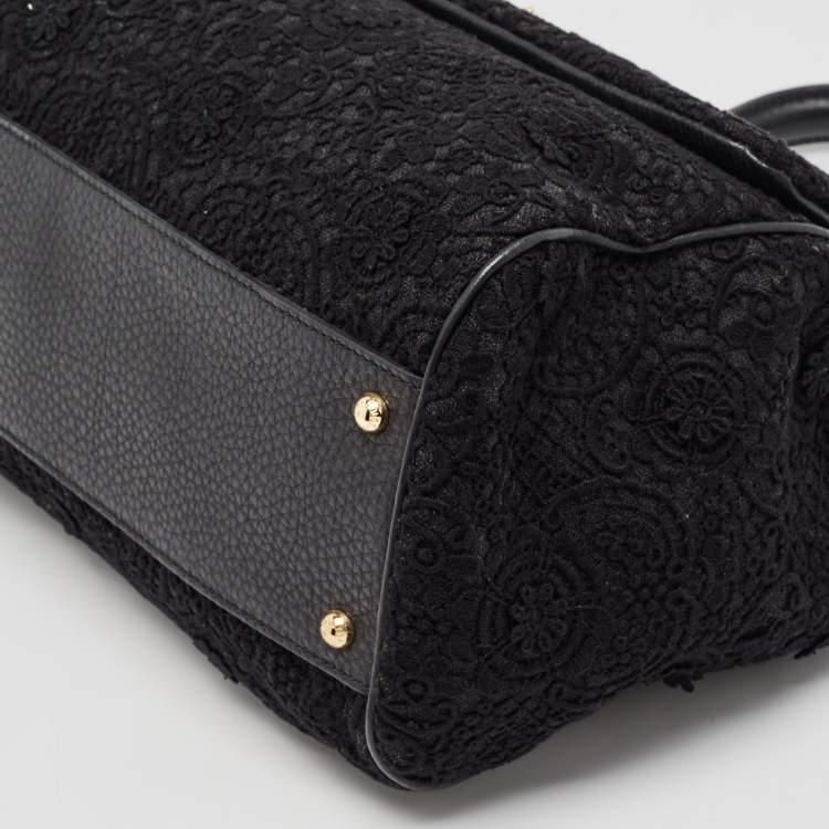 Pre Owned Dolce & Gabbana Black Crochet and Leather Large Miss Sicily Top Handle Bag