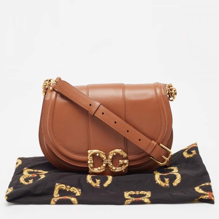 Pre Owned Dolce & Gabbana Brown Leather DG Amore Shoulder Bag