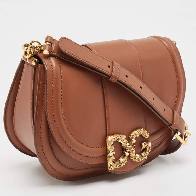Pre Owned Dolce & Gabbana Brown Leather DG Amore Shoulder Bag