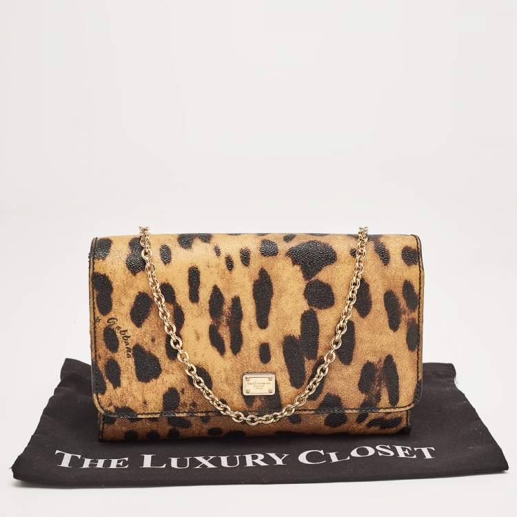 Pre Owned Dolce & Gabbana Brown/Black Leopard Print Coated Canvas Flap Chain Clutch