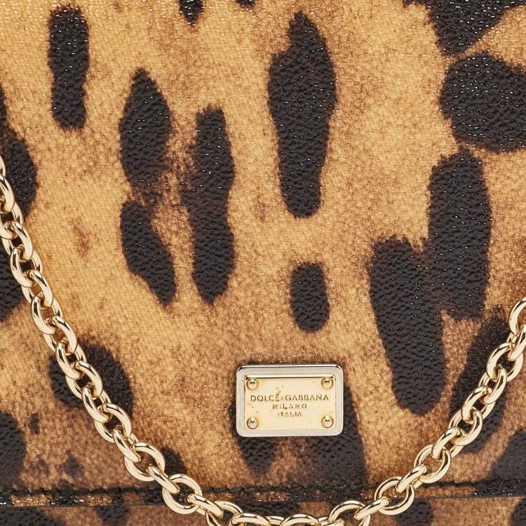 Pre Owned Dolce & Gabbana Brown/Black Leopard Print Coated Canvas Flap Chain Clutch