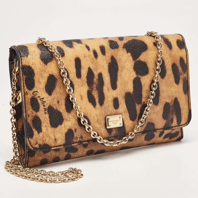 Pre Owned Dolce & Gabbana Brown/Black Leopard Print Coated Canvas Flap Chain Clutch