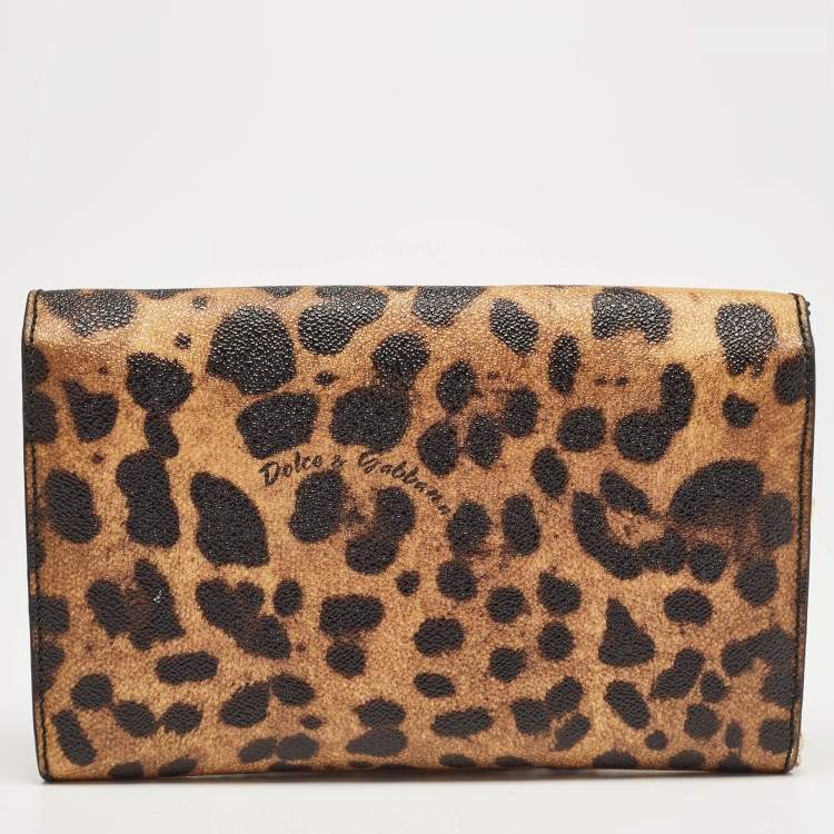 Pre Owned Dolce & Gabbana Brown/Black Leopard Print Coated Canvas Flap Chain Clutch