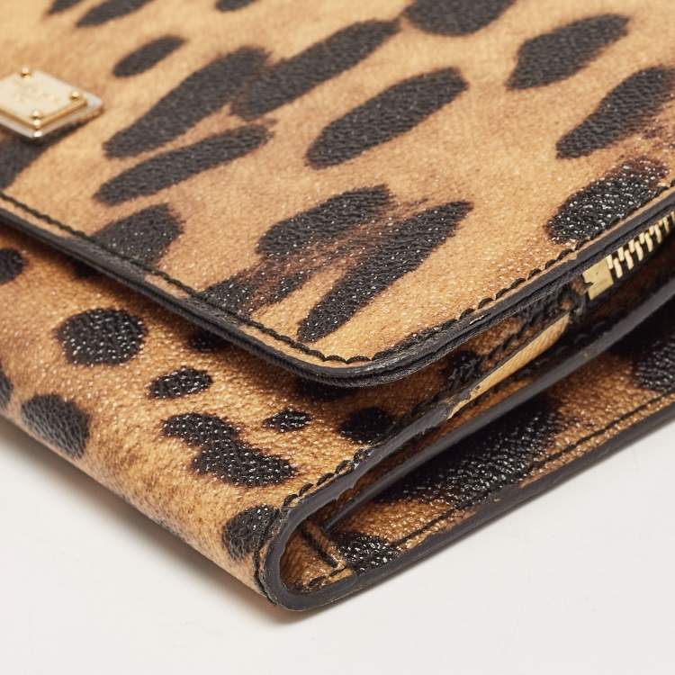 Pre Owned Dolce & Gabbana Brown/Black Leopard Print Coated Canvas Flap Chain Clutch