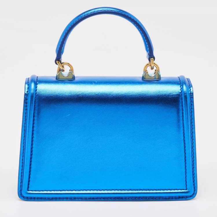 Pre Owned Dolce & Gabbana Metallic Blue Leather Small Devotion Top Handle Bag