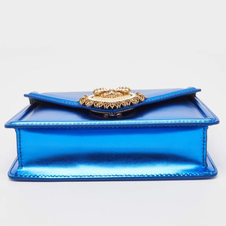 Pre Owned Dolce & Gabbana Metallic Blue Leather Small Devotion Top Handle Bag