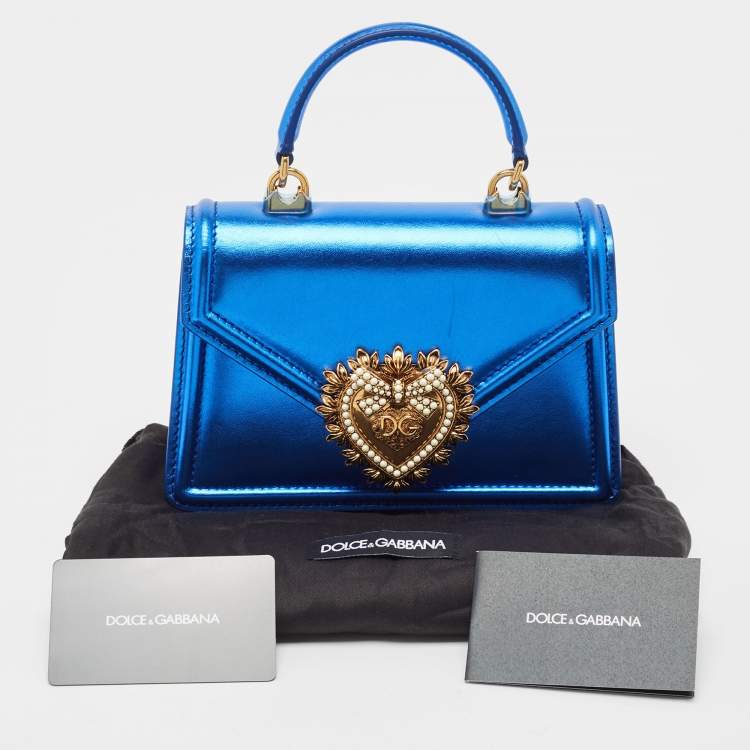 Pre Owned Dolce & Gabbana Metallic Blue Leather Small Devotion Top Handle Bag