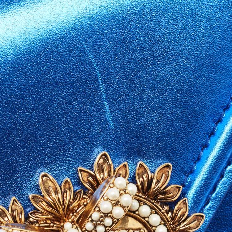Pre Owned Dolce & Gabbana Metallic Blue Leather Small Devotion Top Handle Bag