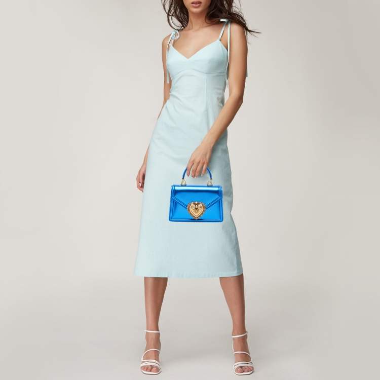 Pre Owned Dolce & Gabbana Metallic Blue Leather Small Devotion Top Handle Bag
