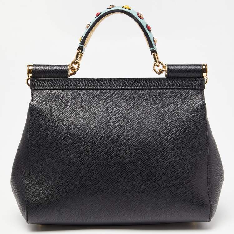 Pre Owned Dolce & Gabbana Black/Gold Leather Medium Miss Sicily Top Handle Bag