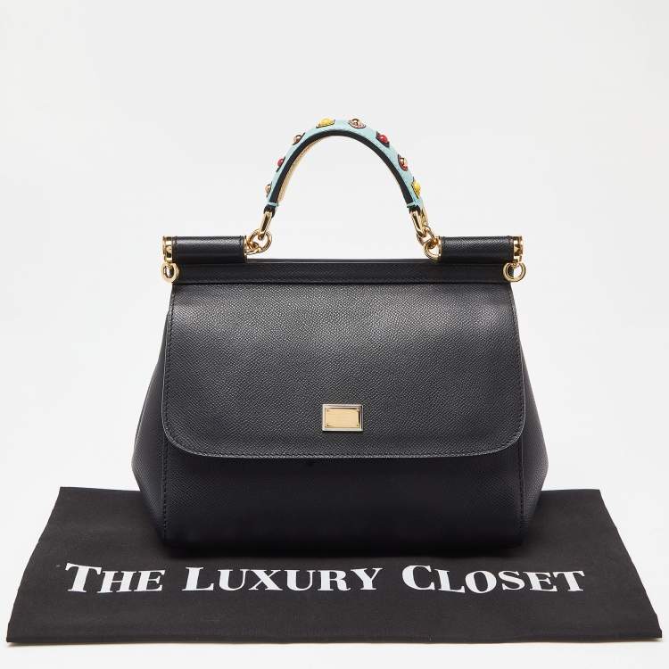 Pre Owned Dolce & Gabbana Black/Gold Leather Medium Miss Sicily Top Handle Bag