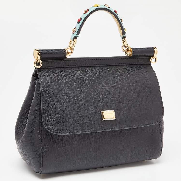 Pre Owned Dolce & Gabbana Black/Gold Leather Medium Miss Sicily Top Handle Bag