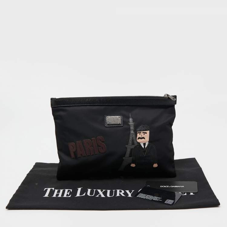Pre Owned Dolce & Gabbana Black Nylon and Leather Patchwork Zip Pouch
