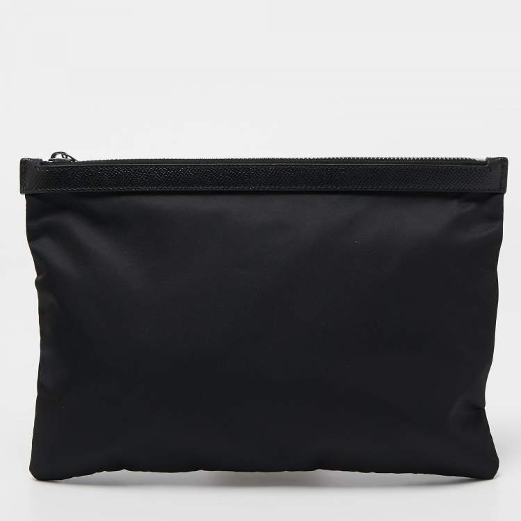 Pre Owned Dolce & Gabbana Black Nylon and Leather Patchwork Zip Pouch