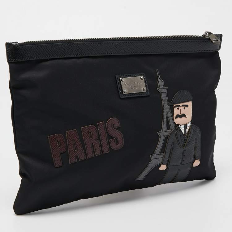 Pre Owned Dolce & Gabbana Black Nylon and Leather Patchwork Zip Pouch