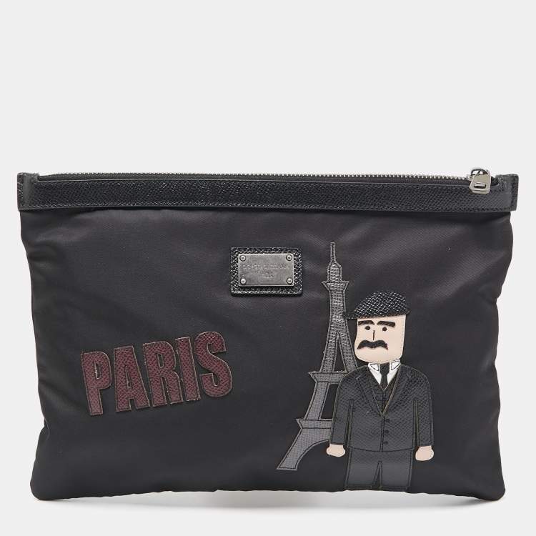 Pre Owned Dolce & Gabbana Black Nylon and Leather Patchwork Zip Pouch