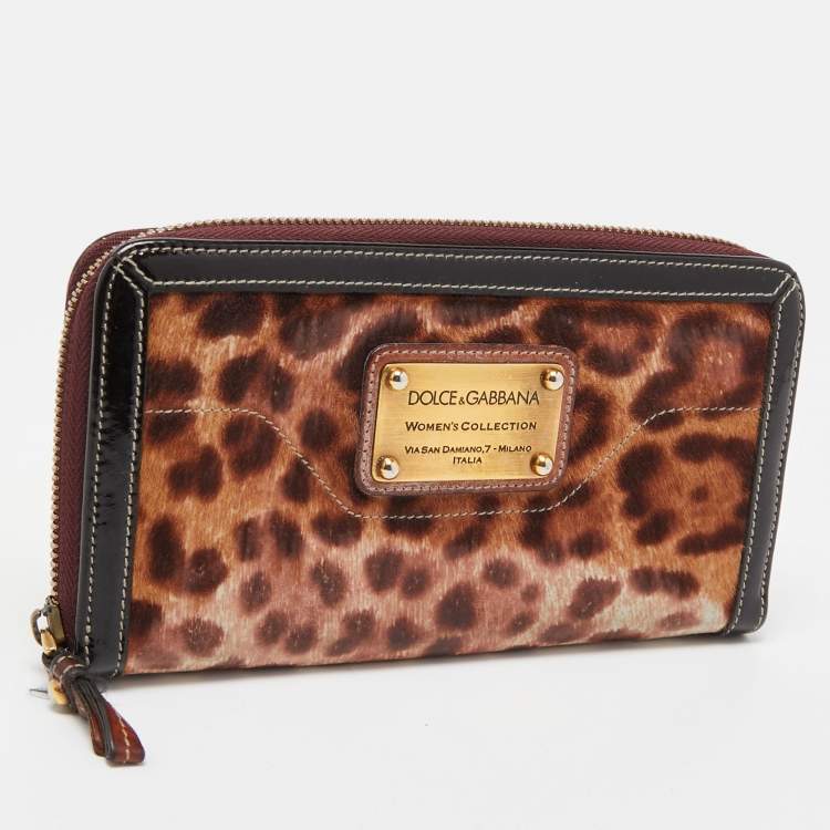 Pre Owned Dolce & Gabbana Brown Leopard Print Calfhair and Patent Leather Zip Around Continental Wallet