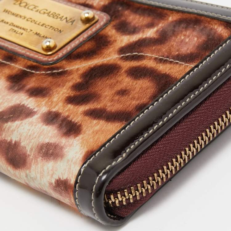 Pre Owned Dolce & Gabbana Brown Leopard Print Calfhair and Patent Leather Zip Around Continental Wallet