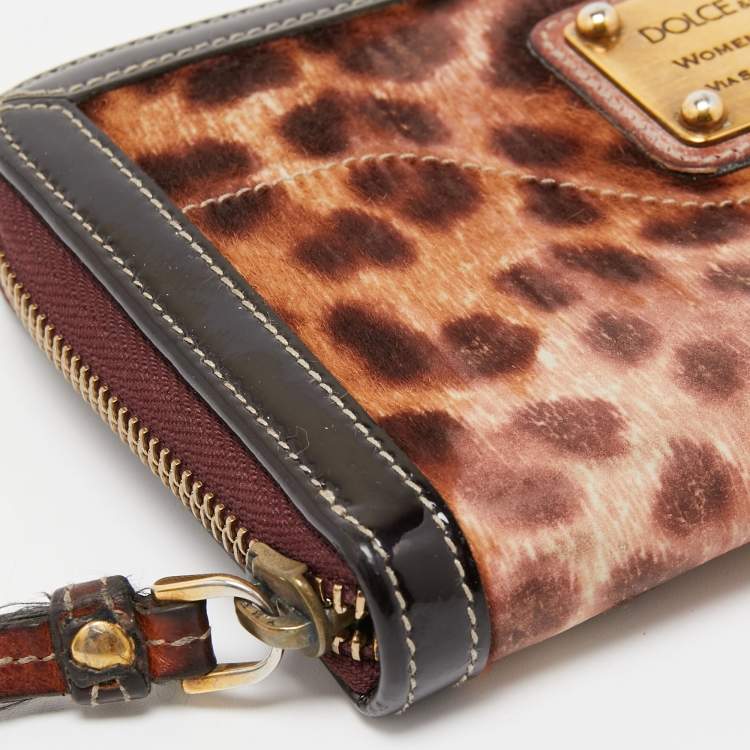 Pre Owned Dolce & Gabbana Brown Leopard Print Calfhair and Patent Leather Zip Around Continental Wallet