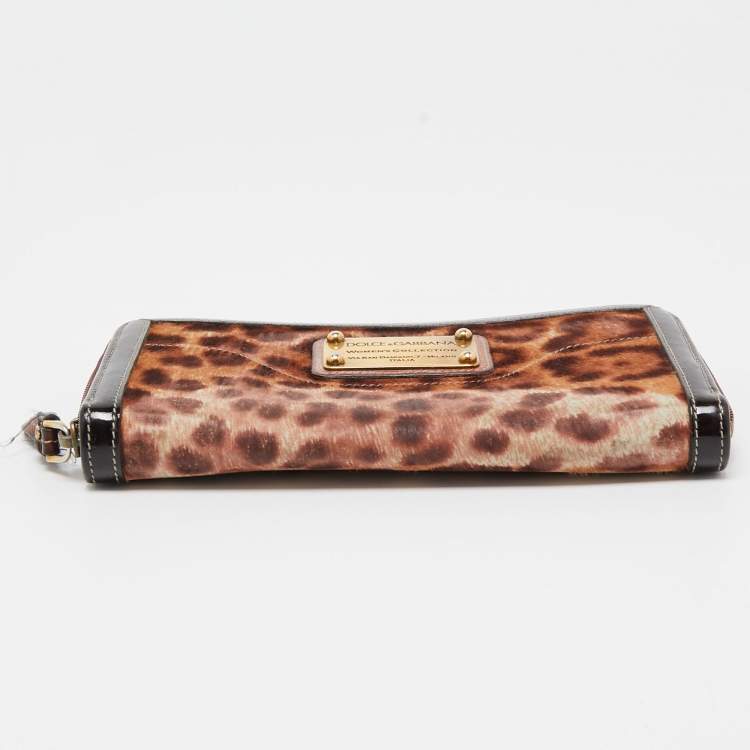Pre Owned Dolce & Gabbana Brown Leopard Print Calfhair and Patent Leather Zip Around Continental Wallet