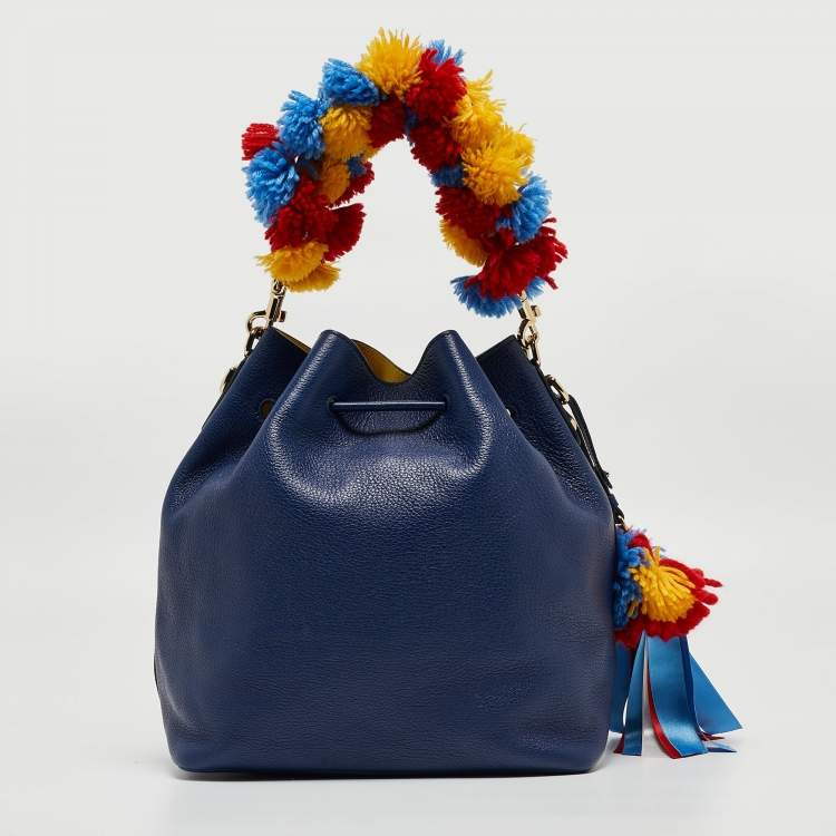 Pre Owned Dolce & Gabbana Blue Leather Claudia Drawstring Bucket Bag