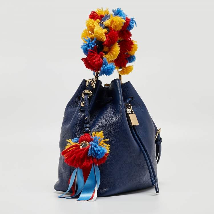 Pre Owned Dolce & Gabbana Blue Leather Claudia Drawstring Bucket Bag