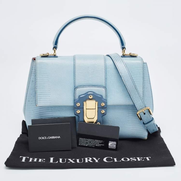 Pre Owned Dolce & Gabbana Blue Lizard Embossed Leather Small Lucia Top Handle Bag