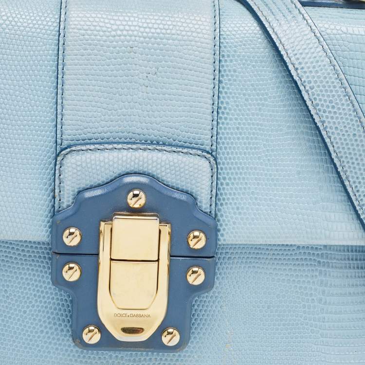 Pre Owned Dolce & Gabbana Blue Lizard Embossed Leather Small Lucia Top Handle Bag
