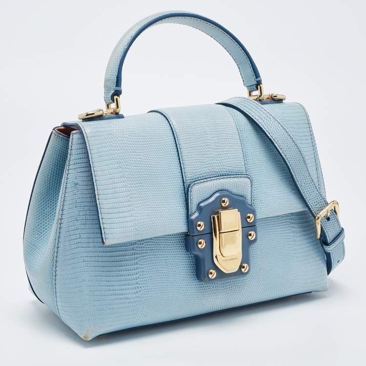 Pre Owned Dolce & Gabbana Blue Lizard Embossed Leather Small Lucia Top Handle Bag