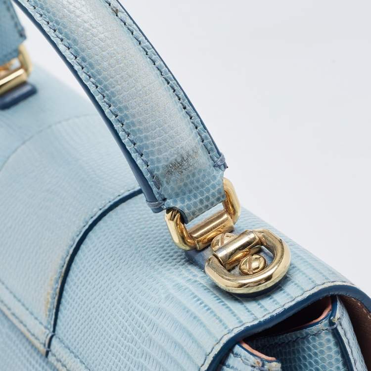Pre Owned Dolce & Gabbana Blue Lizard Embossed Leather Small Lucia Top Handle Bag