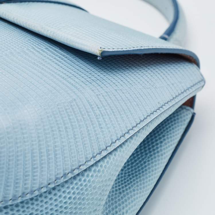 Pre Owned Dolce & Gabbana Blue Lizard Embossed Leather Small Lucia Top Handle Bag