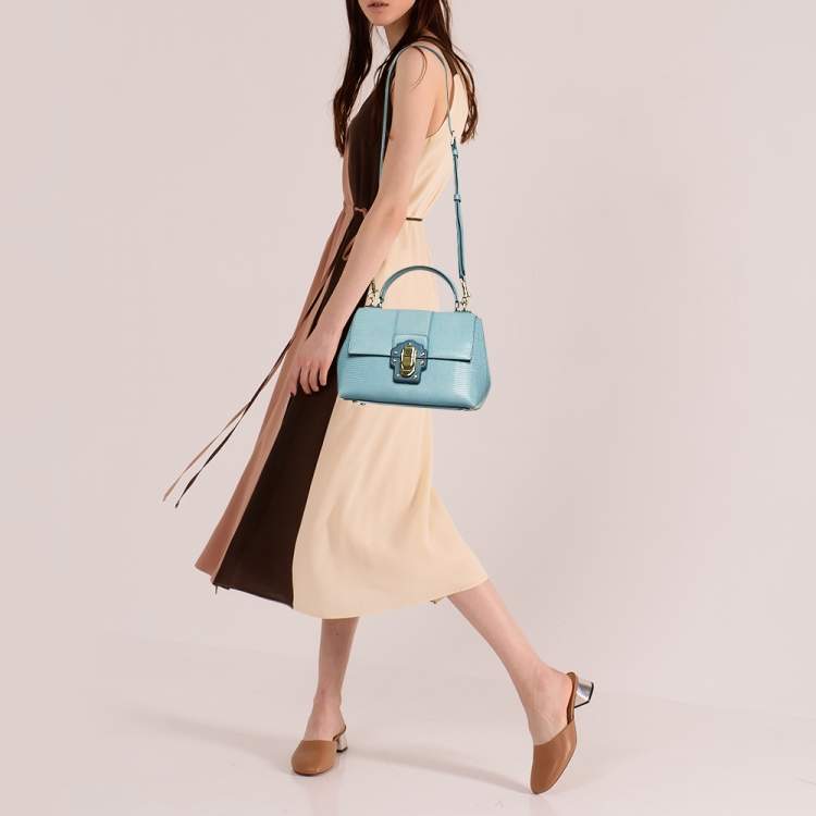 Pre Owned Dolce & Gabbana Blue Lizard Embossed Leather Small Lucia Top Handle Bag